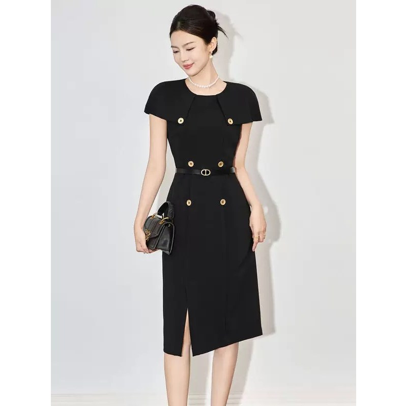 轻奢修身连衣裙裙子2025春夏新款时尚通勤风气质收腰设计师A023