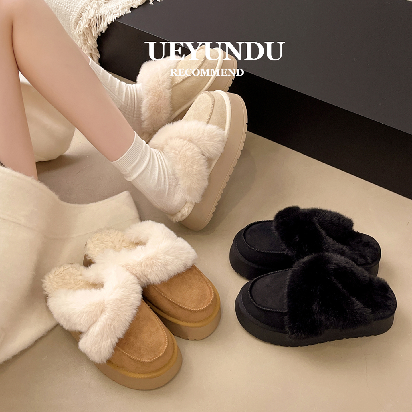 厚底雪地靴毛毛拖鞋女外穿包头半拖2025新款冬季一脚蹬加绒棉拖鞋