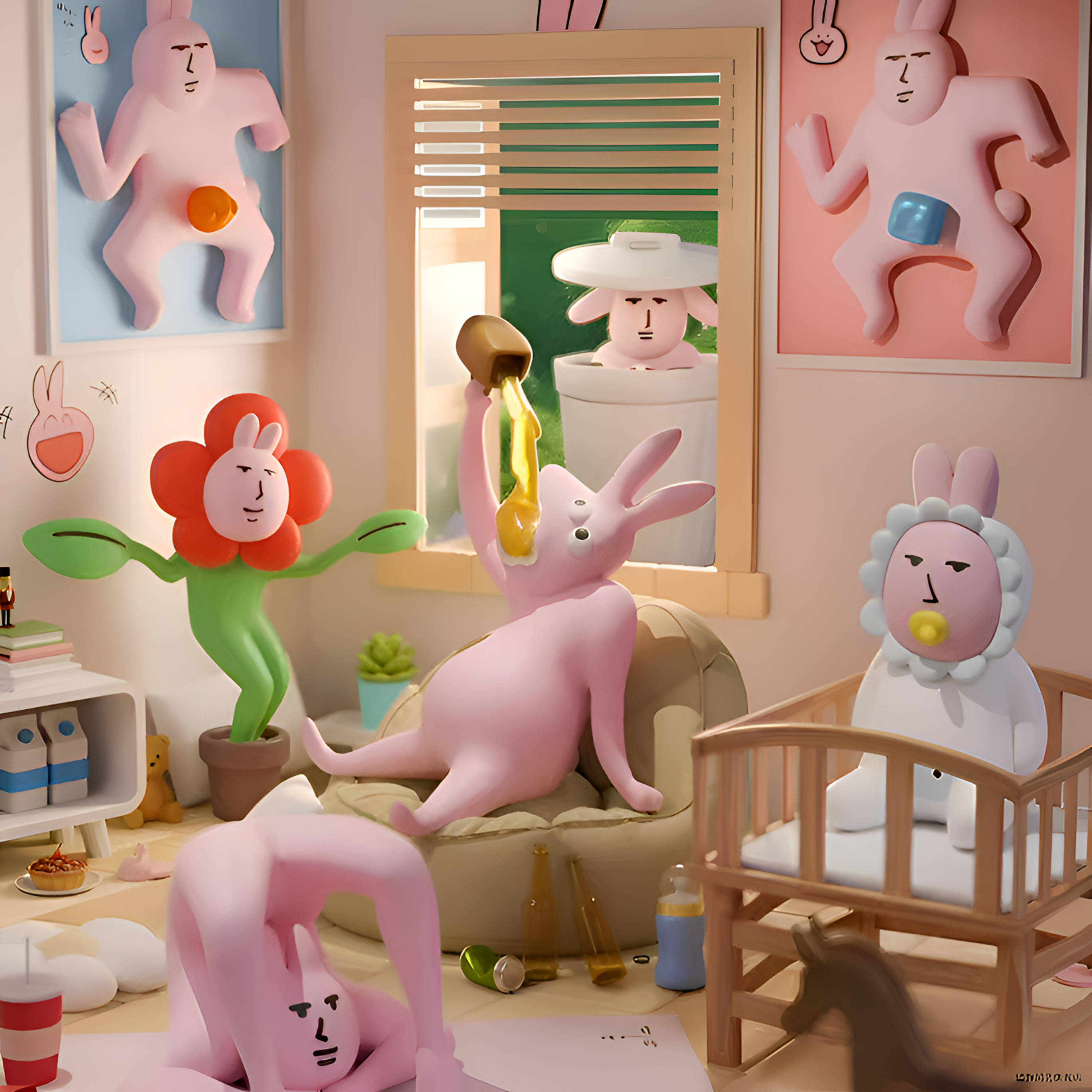 抽象盲盒粉红兔子手办公仔摆件个性盲盒搞怪生日礼物送男女生摆件