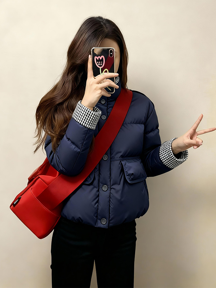 藏青色短款棉服女冬季小个子巨好看的格子外套洋气独特别致小棉袄