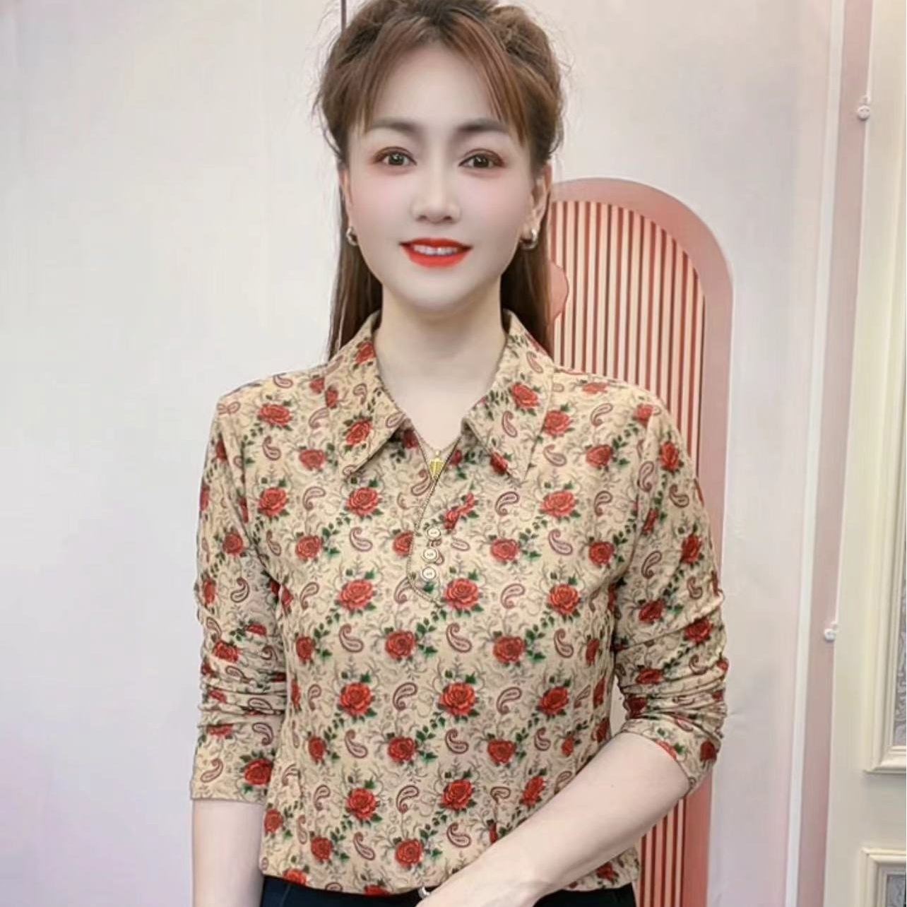 2025秋装新长袖打底衫妈妈装洋气上衣翻领显瘦百搭玫瑰花款XC-20