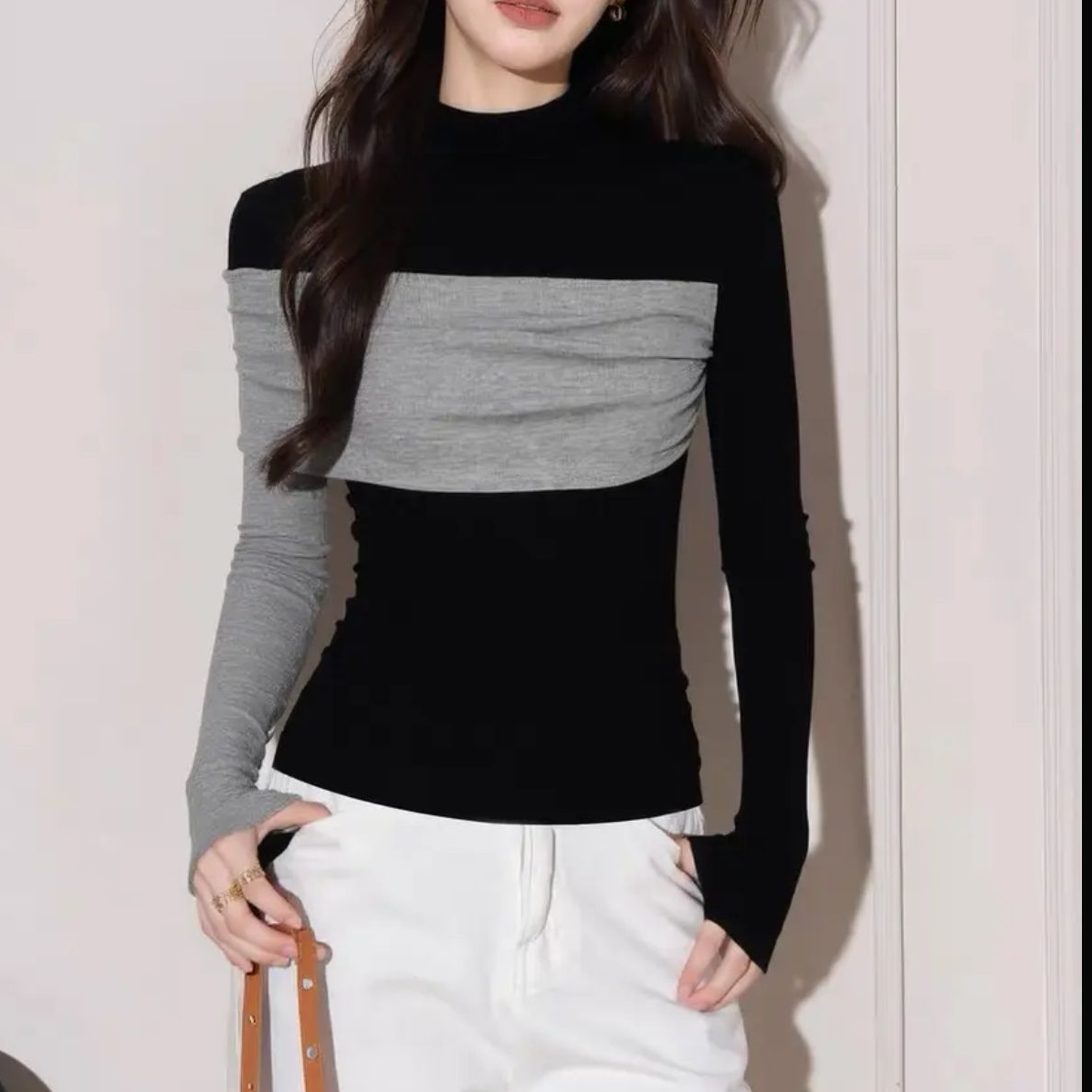 微胖大码秋季老钱风黑色长袖T恤半高领拼接打底衫修身显瘦女上衣