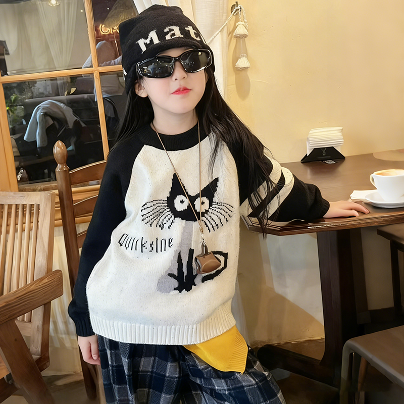 女童毛衣套装2025新款秋冬款撞色猫咪中大童儿童洋气休闲百搭上衣