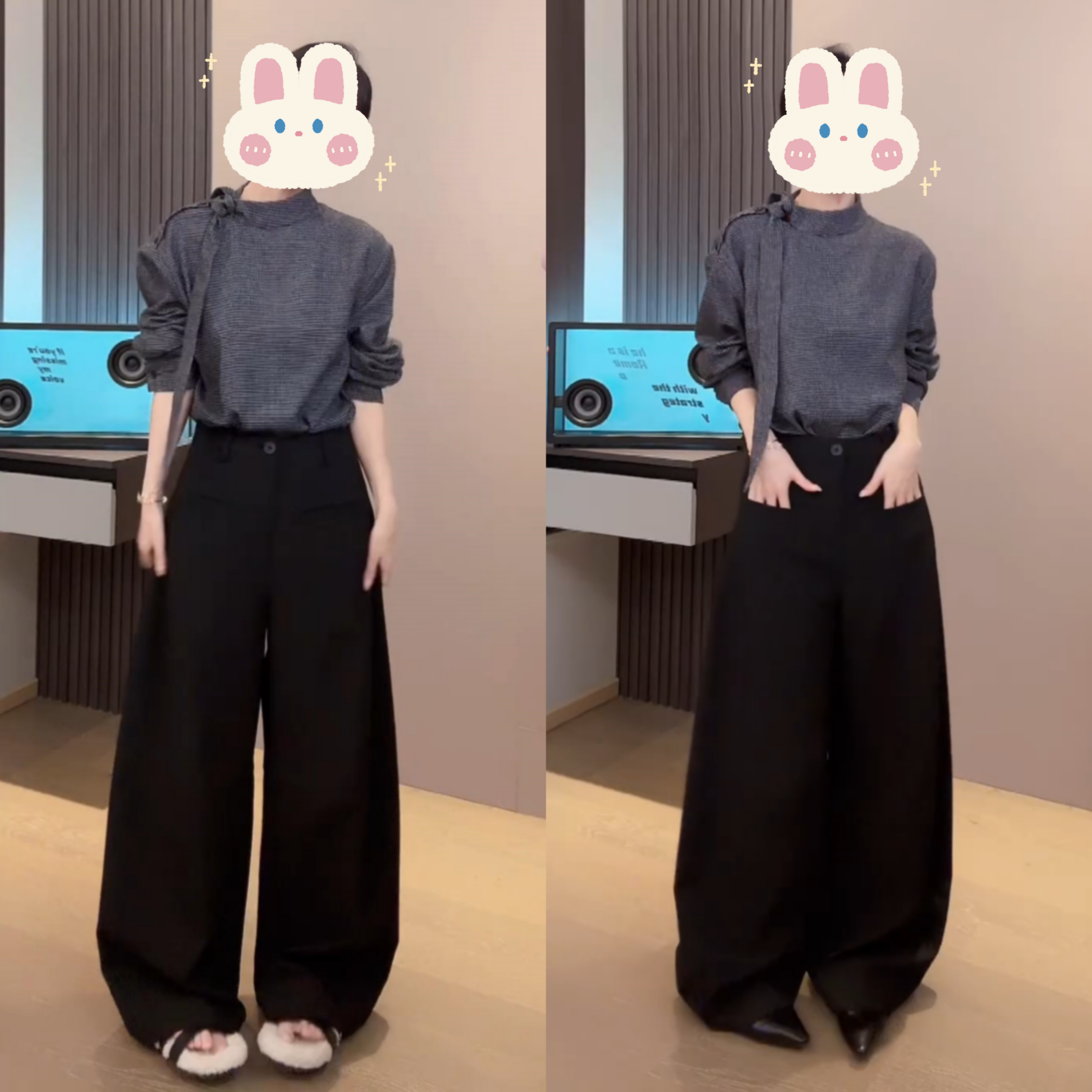 秋季新品格子衬衫领子不规则带飘带+弯刀裤 BB50432