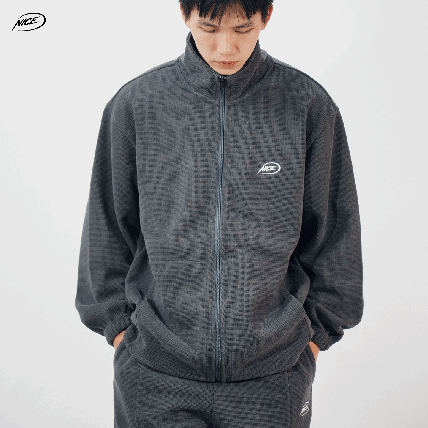 NICEID NICE外套宽松落肩针织全拉链拼接篮球训练服弹力保暖开襟