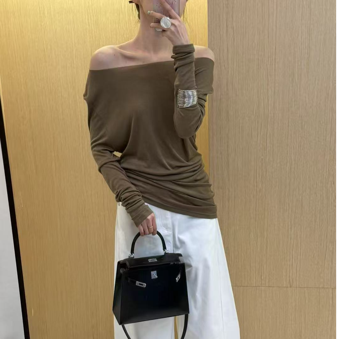 时尚新款修身一字领打底衫休闲针织显瘦气质长袖T恤女上衣百搭