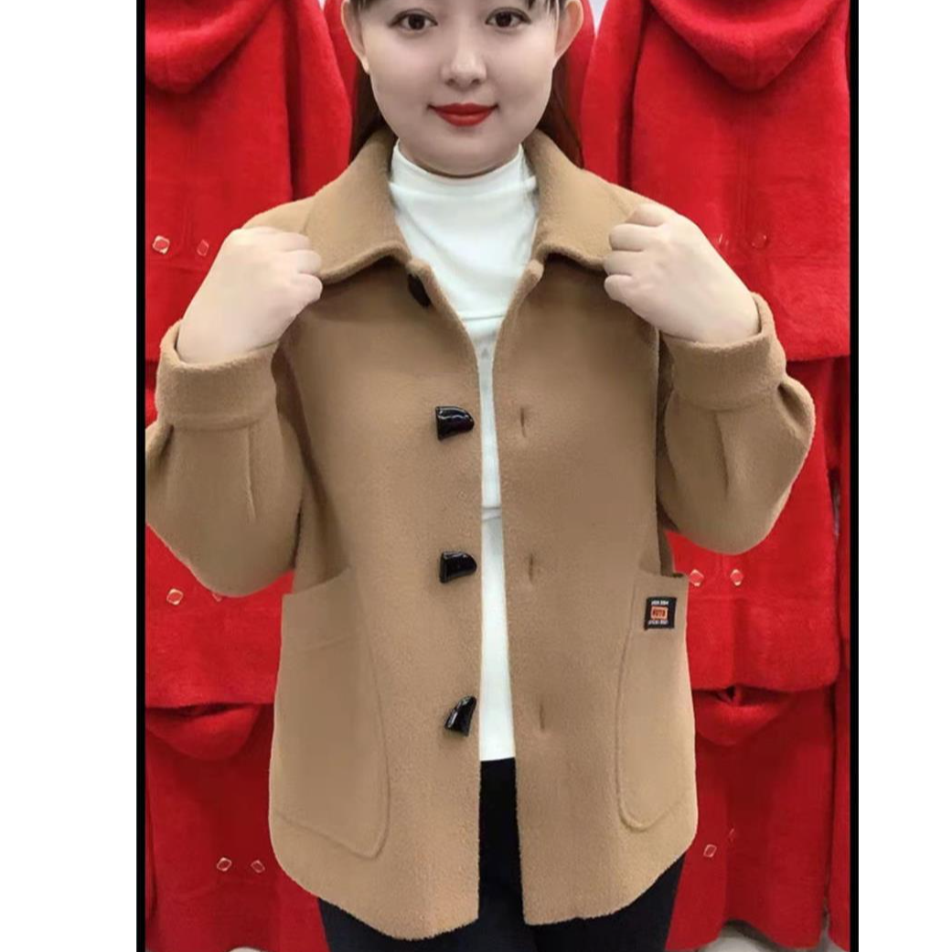 新款高档中老秋冬年妈妈装仿双面呢开衫宽松上衣洋气短款毛绒外套
