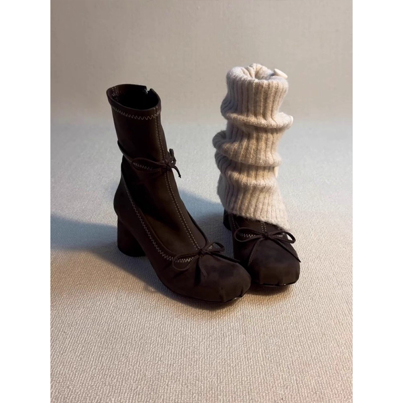 牛皮版~新款百搭粗跟侧拉链短靴复古温柔圆头芭蕾风蝴蝶结瘦瘦靴