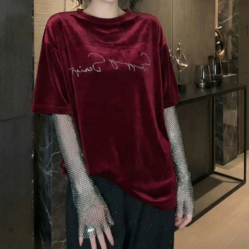 【钻钻T】2026新款百搭显瘦设计感T恤红色闪钻假两件上衣LK2509375