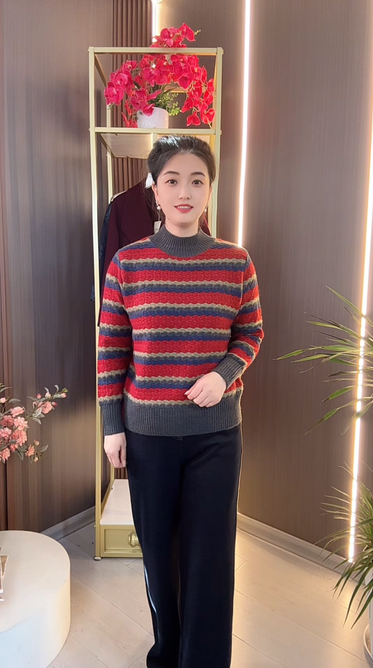 82237新款条纹半高领保暖毛衣