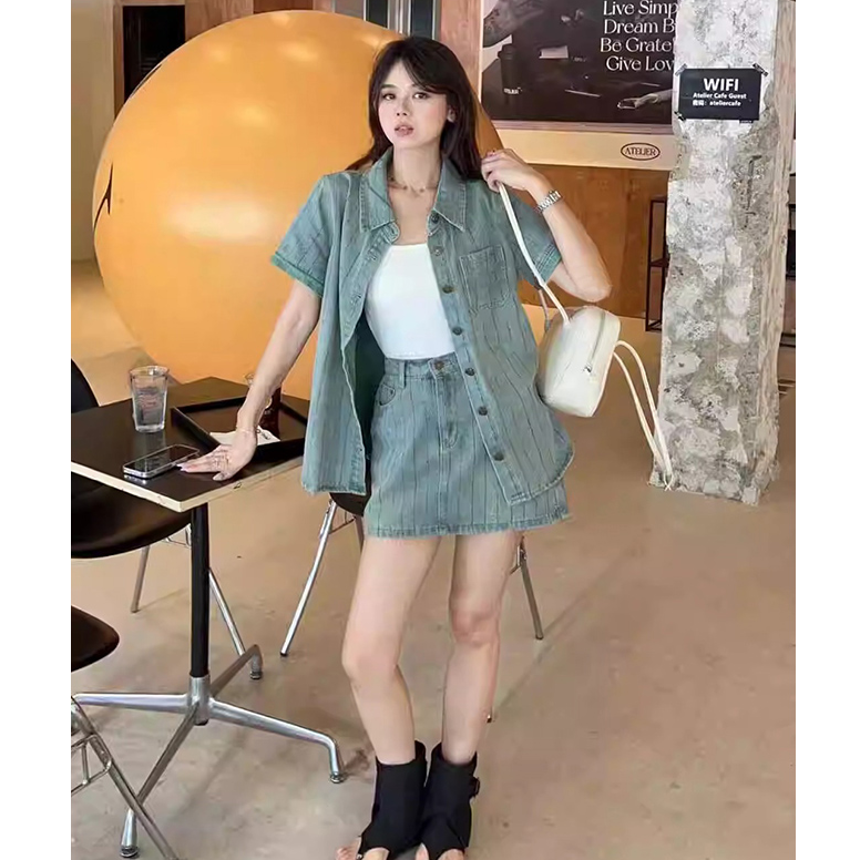 时尚复古风做旧短袖牛仔衬衫外套女夏季2025超火a字短裙两件套装