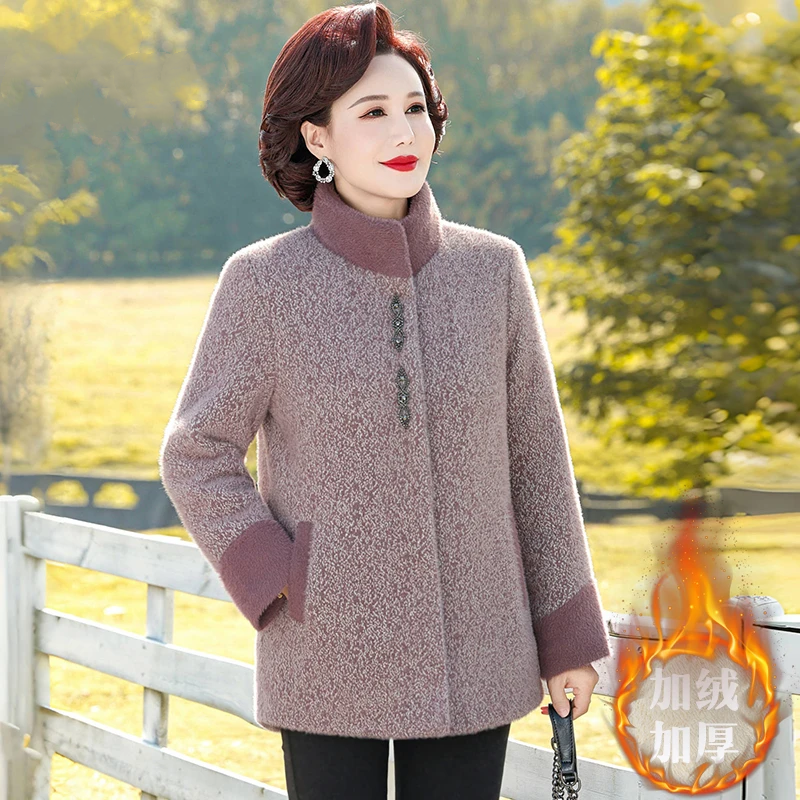 妈妈冬装水貂绒外套气质大码中老年女装毛呢大衣加绒加厚保暖棉衣