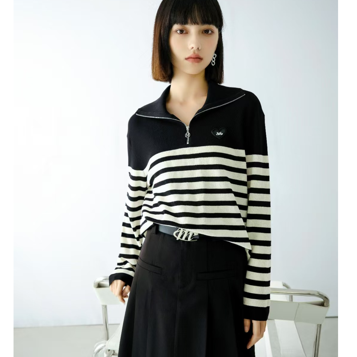 IAM27休闲针织套头翻领宽松条纹打底百搭长袖黑白学院风小个子女