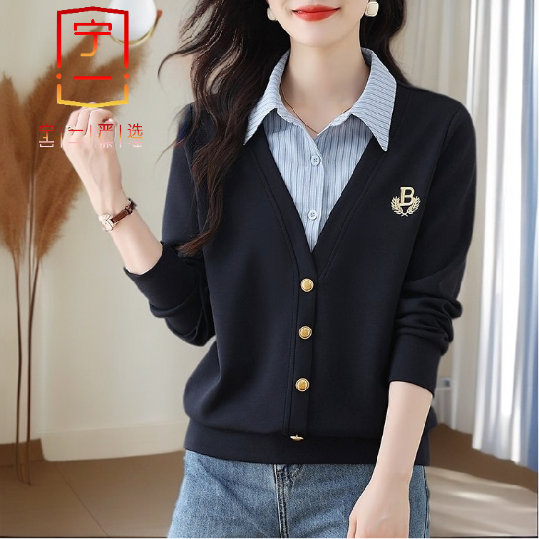 【宁一女装】时尚洋气显瘦假两件衬衫领卫衣春季新款拼接衬衣领卫衣