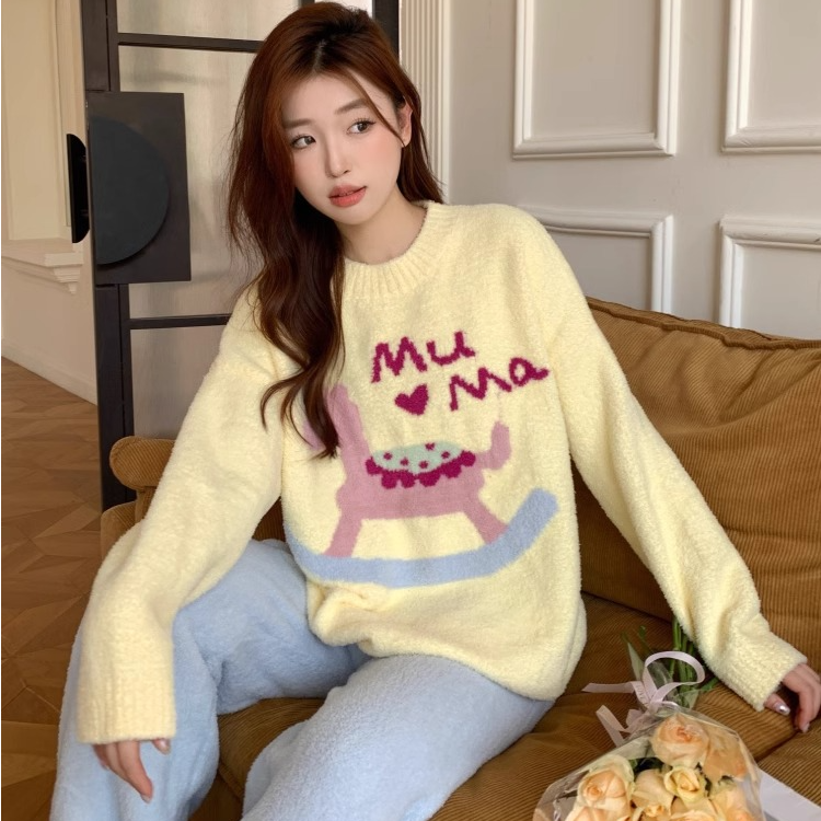 韩版可爱卡通木马半边绒睡衣女套装秋冬季新款撞色加厚保暖家居服