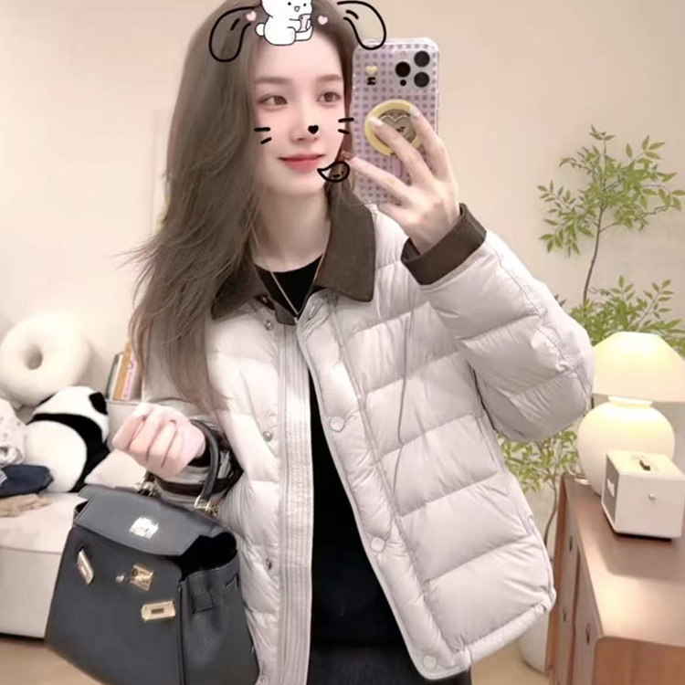 欧货翻领撞色羽绒服女短款2025冬季新款小个子宽松简约风保暖外套