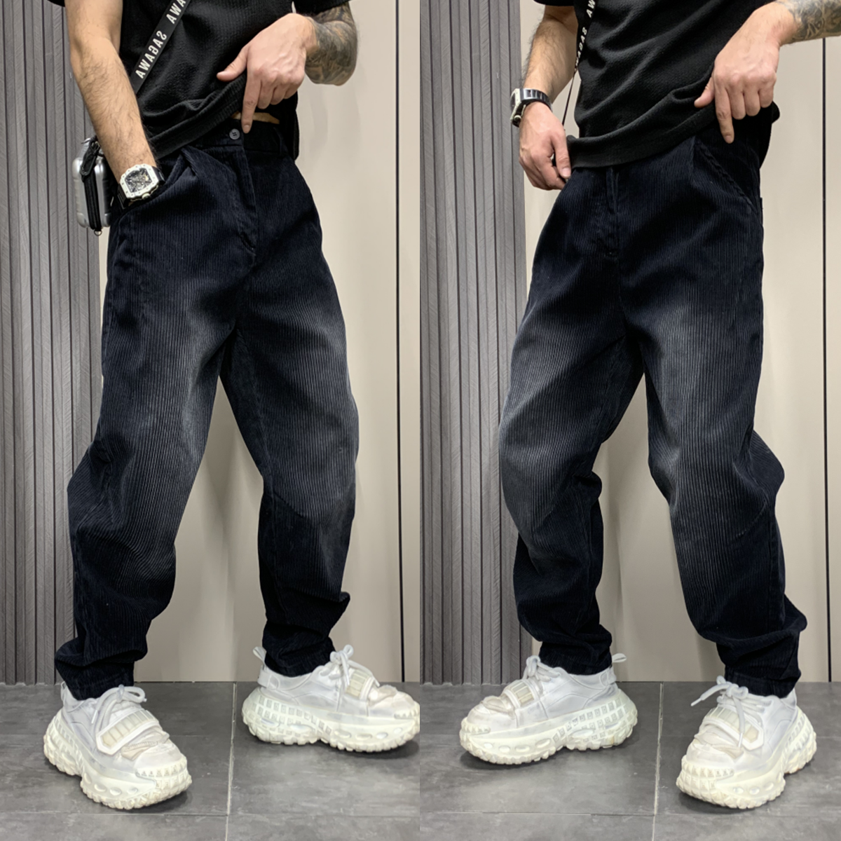 秋冬新款男士潮流渐变色休闲裤子时尚百搭时尚灯芯绒宽松直筒卫裤