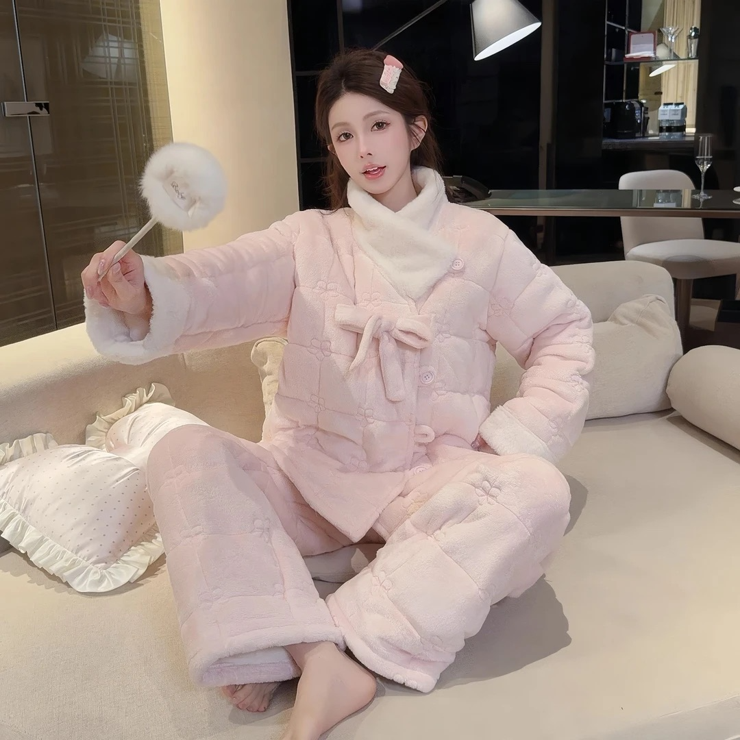 秋冬季三层夹棉国风加厚睡衣女套装新款立领珊瑚绒加绒保暖家居服