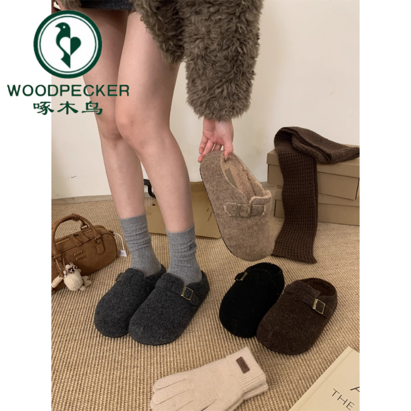 啄木鸟厚底加绒勃肯鞋女外穿2025年秋冬新款一脚蹬懒人包头半拖鞋