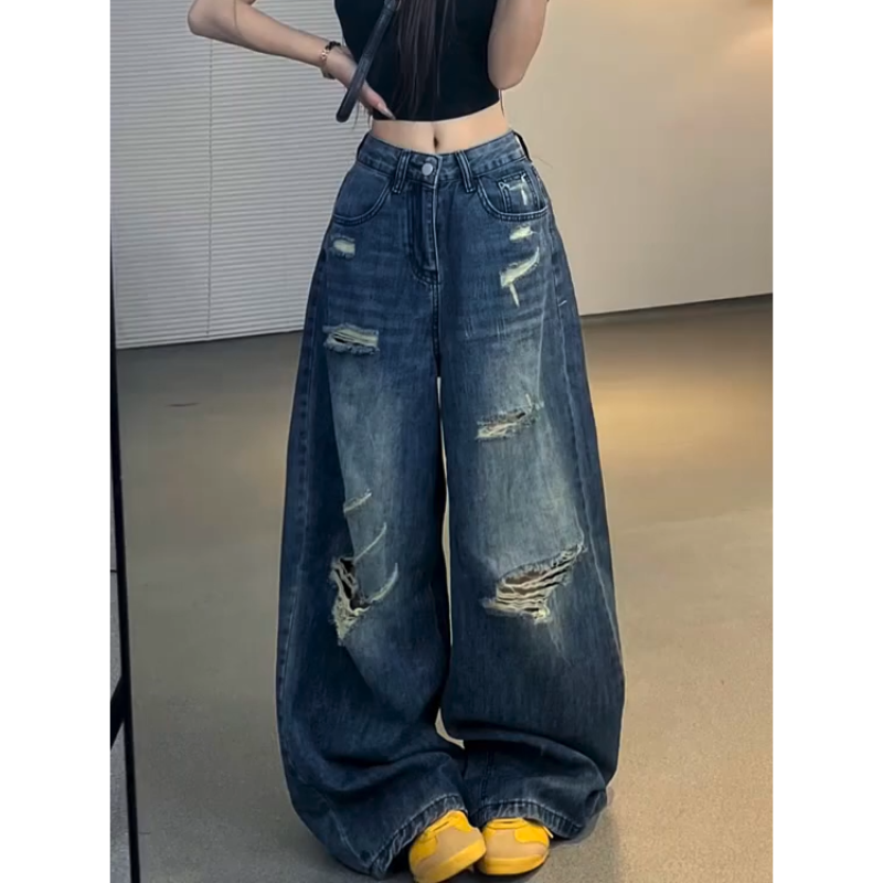 美式复古大码水洗做旧破洞牛仔裤女街头宽松显瘦阔腿坠感休闲长裤