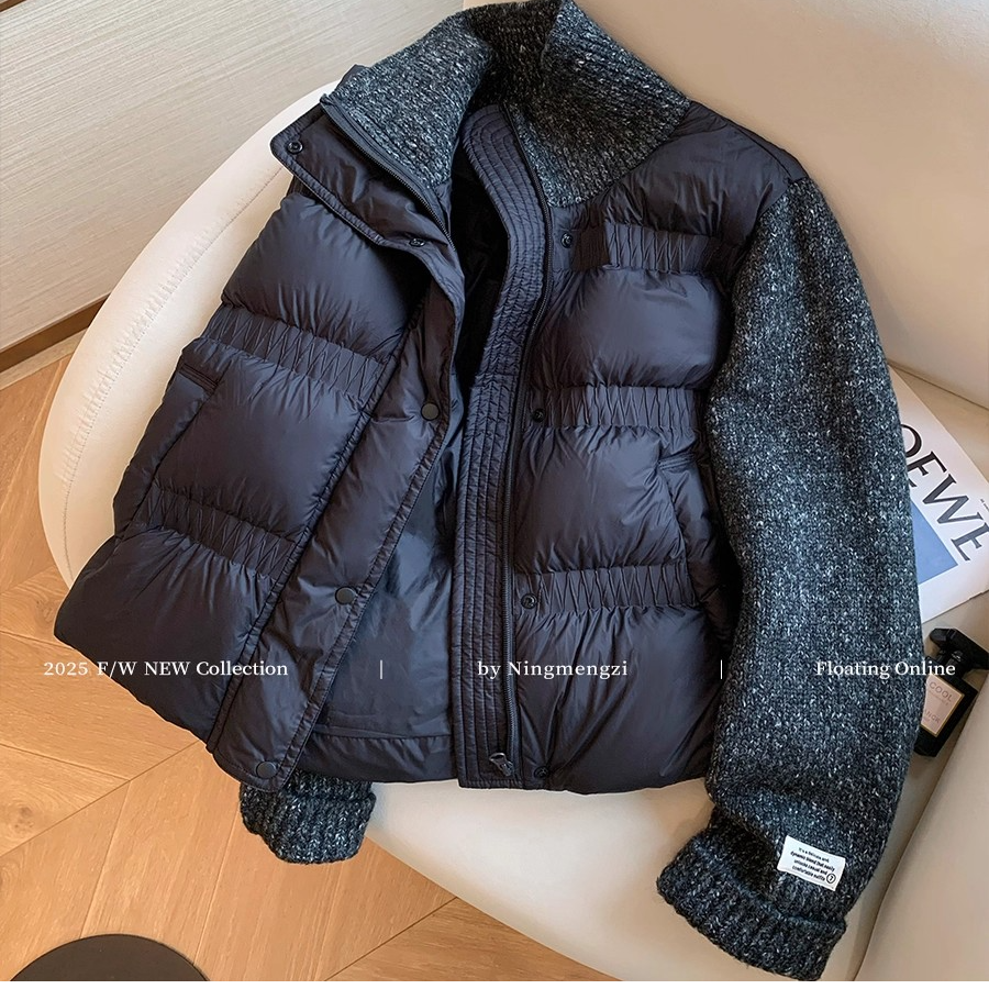 2025冬季新款设计感针织拼接黑色立领设计感女装轻薄保暖棉服外套