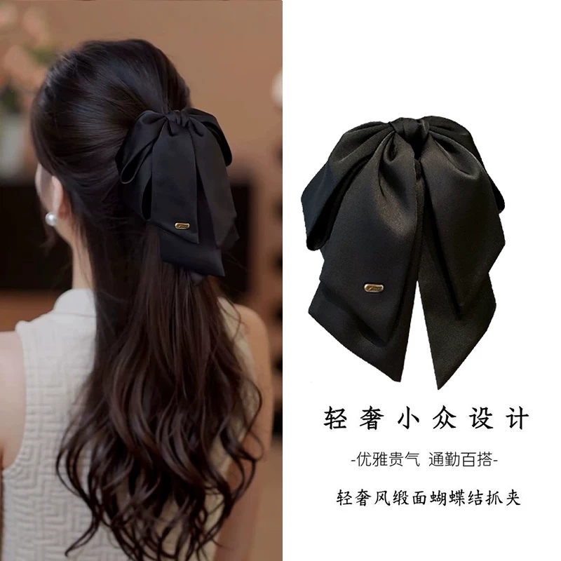 赫本风缎面蝴蝶结抓夹气质马尾夹高级感黑色发夹后脑勺盘发鲨鱼夹