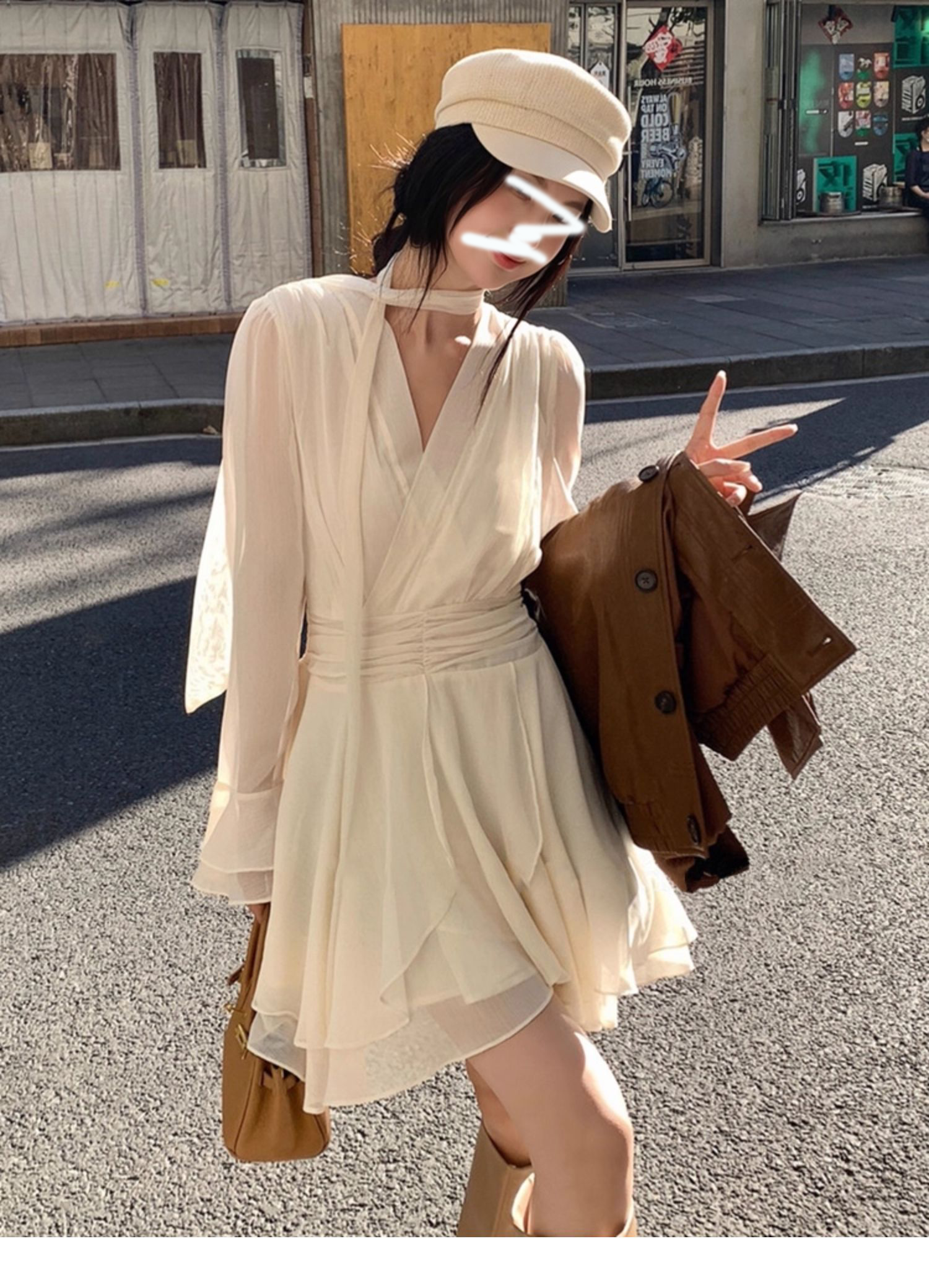 法式飘带v领长袖雪纺连衣裙女早秋新款浪漫高级感气质荷叶边短裙