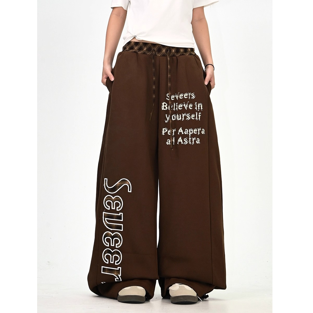 咖色拼接格纹休闲裤女2025秋季新款宽松bf美式潮牌拖地长裤