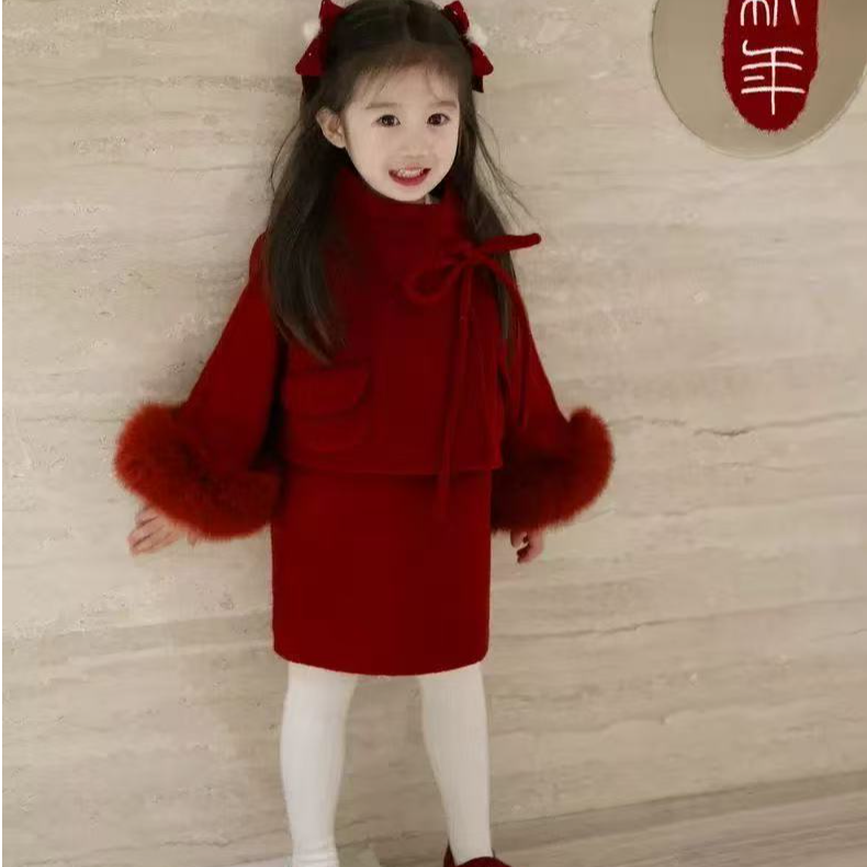 2026拜年服女童红色套装冬季大衣儿童双面呢外套公主裙毛呢背心裙