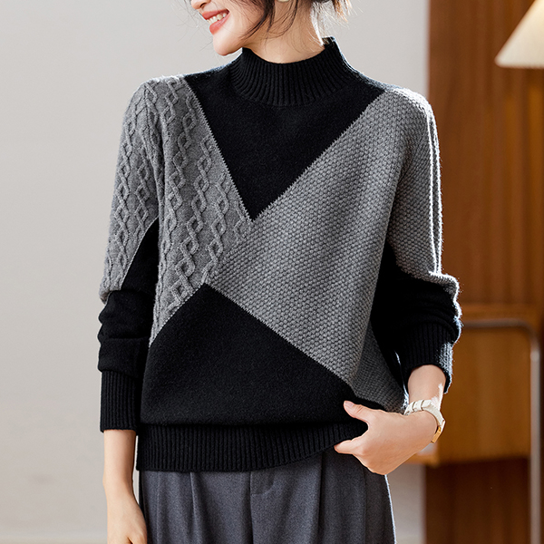 品牌秋冬新款半高领百搭时尚洋气拼色毛针织衫女时尚气质宽松毛衣