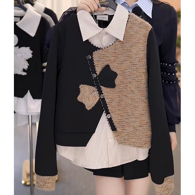 【巴黎黑金】撞色时尚设计感假两件拼接重工减龄显瘦百搭长袖卫衣