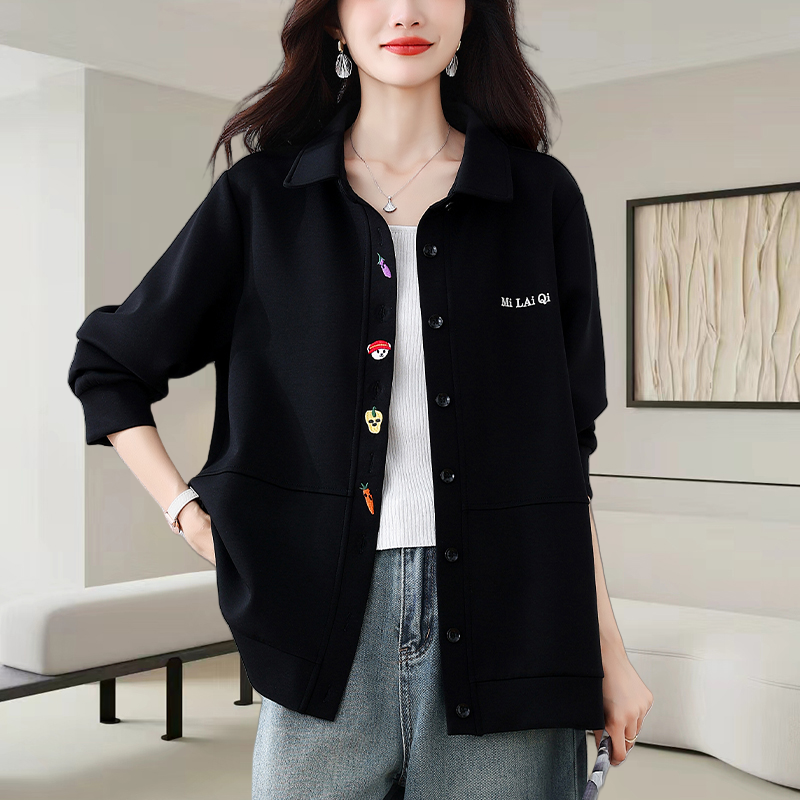 黑色翻领刺绣卫衣衬衫女士2025秋季新款宽松显瘦休闲百搭外套上衣