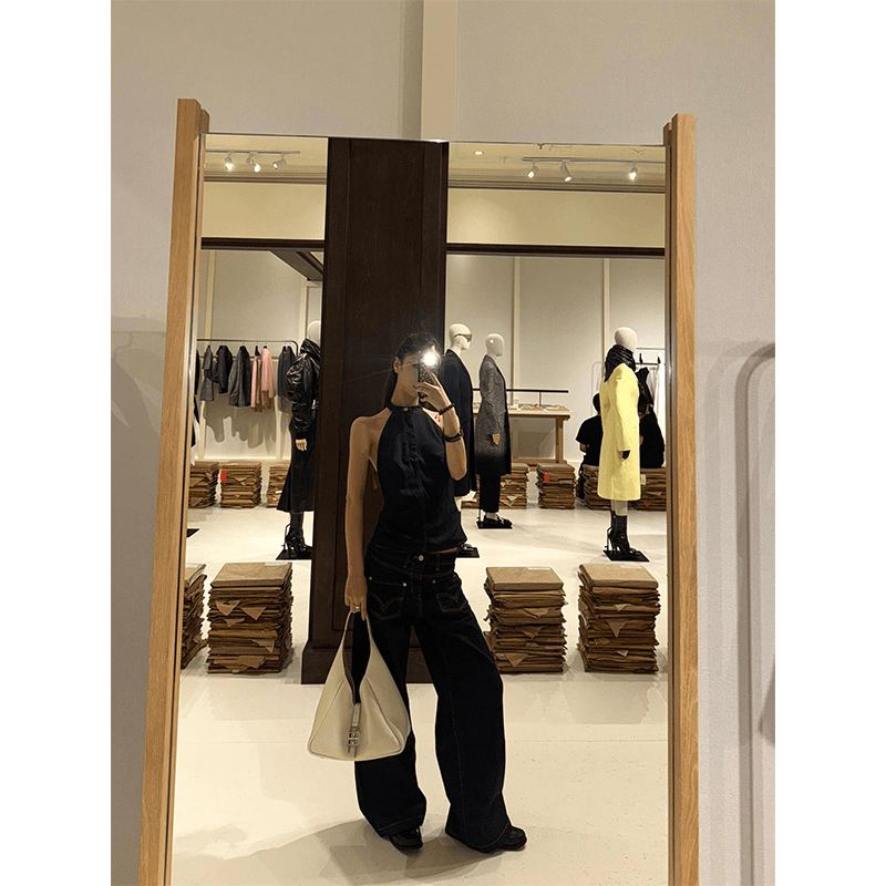 无袖上衣女夏季外穿高级感御姐范无袖挂脖背心夏季高腰阔腿牛仔裤