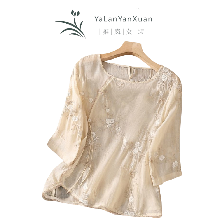 【雅岚女装】时尚洋气显瘦中式国风绣花苎麻衬衫女夏季宽松大码百搭
