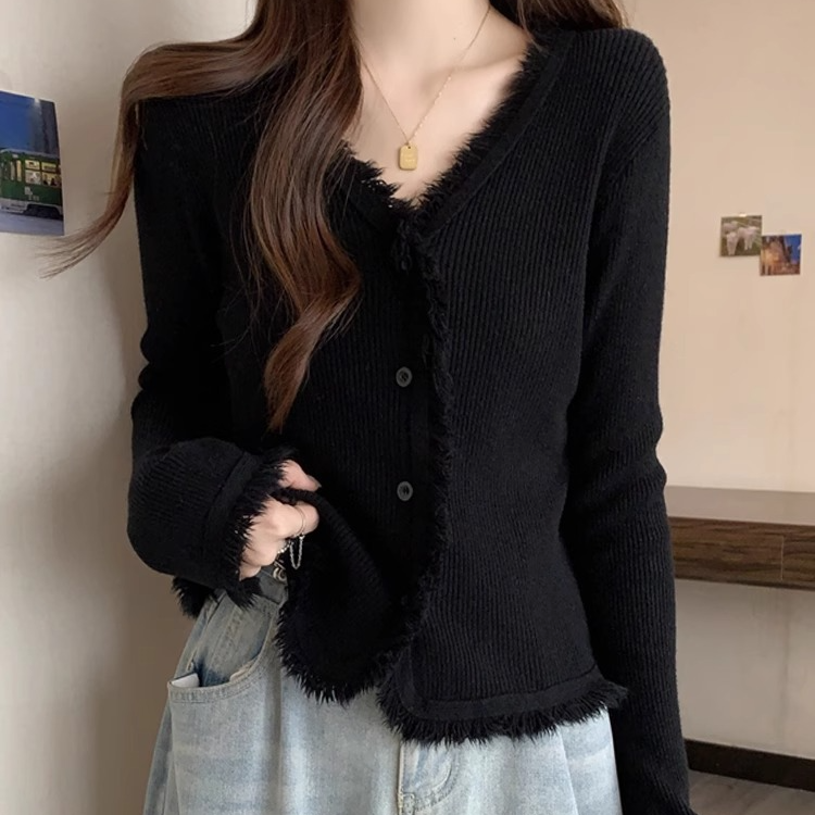 大码女装设计感复古流苏长袖开衫女春秋胖妹妹显瘦遮肉针织打底衫