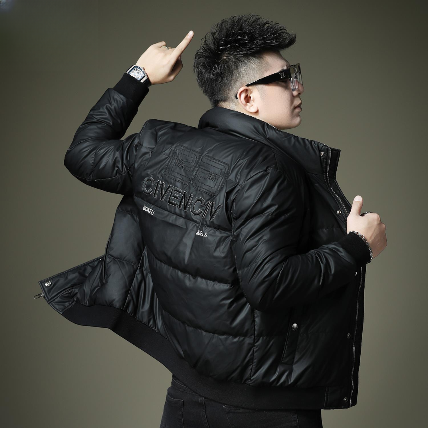 HKYC立领棉服男2025冬季新款保暖加绒男士潮牌字母刺绣外套百搭