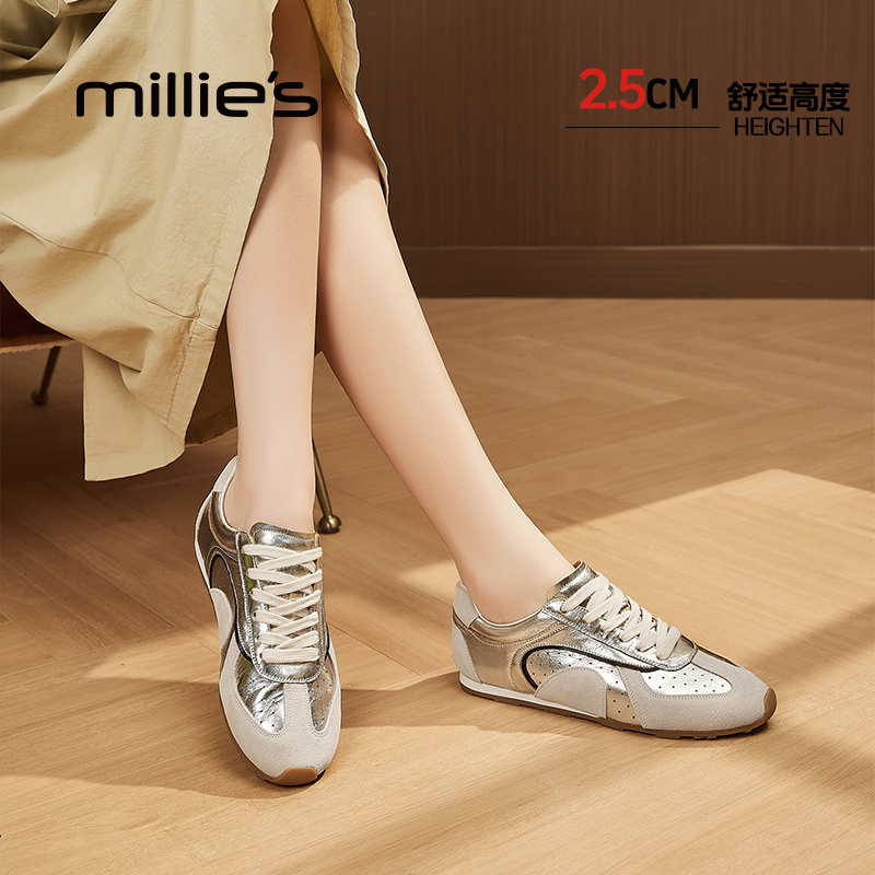 妙丽女鞋德训鞋女2025秋季新款爆款银色系带休闲鞋百搭小众鞋子