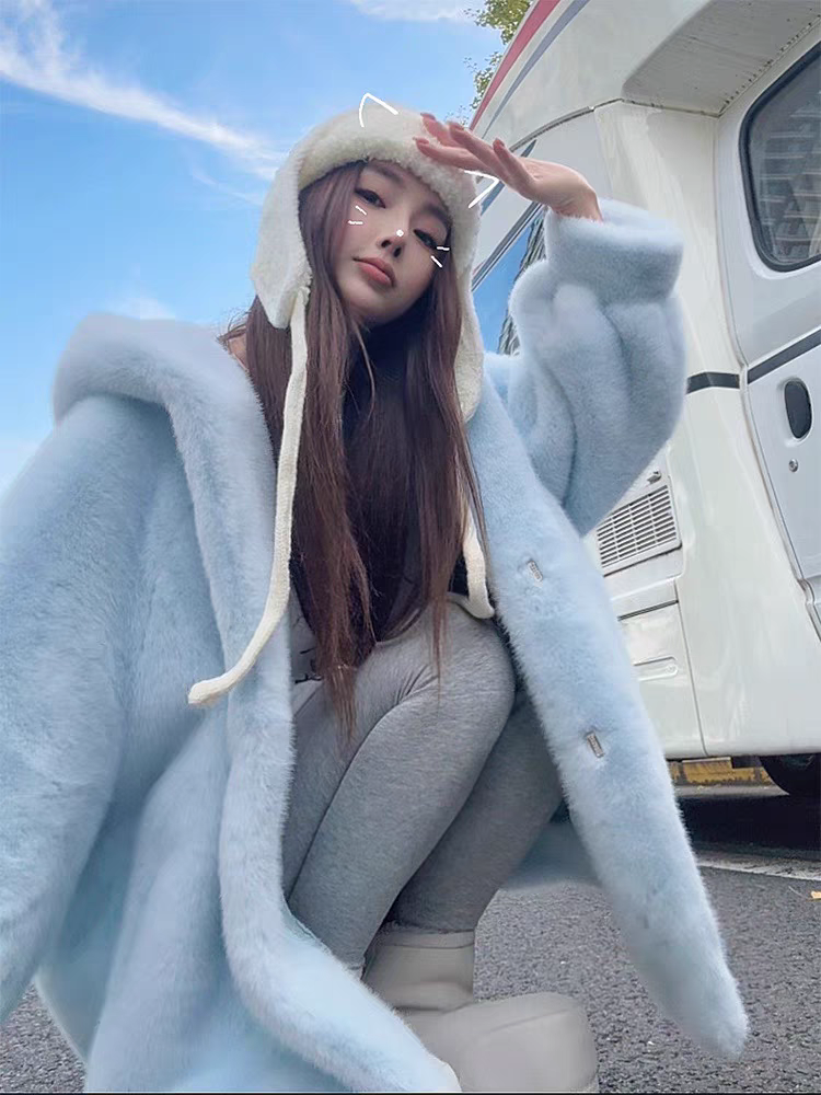 1027-1冬软乎乎宽松连帽显瘦保暖毛毛外套减龄环保戴帽外套