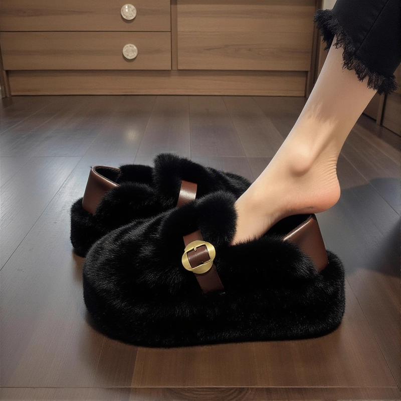 兔毛绒厚底毛毛鞋女2025新款冬季外穿小个子两穿加绒保暖孕妇棉鞋