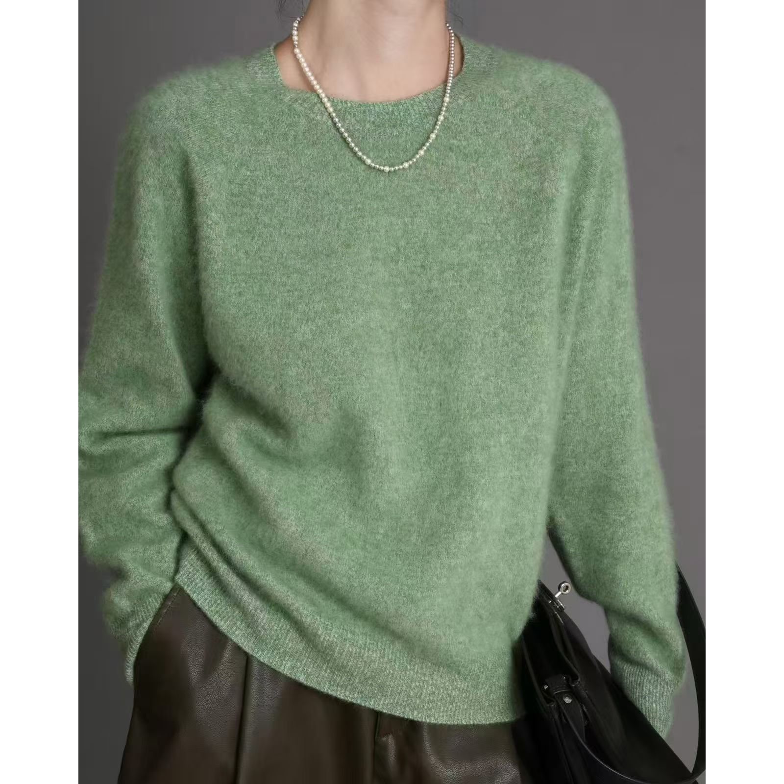 【摩姐姐欧韩】冬季新款百搭圆领纯色长袖拉毛针织毛衣