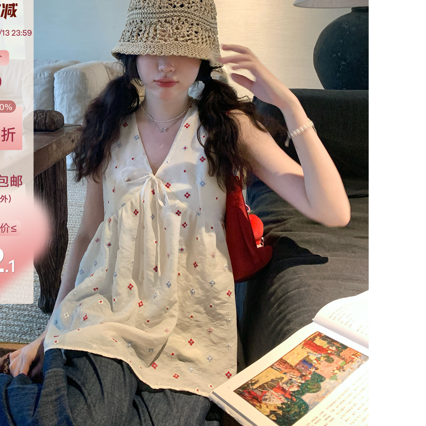 刺绣彩色花朵背心女夏季蝴蝶结宽松V领无袖上衣