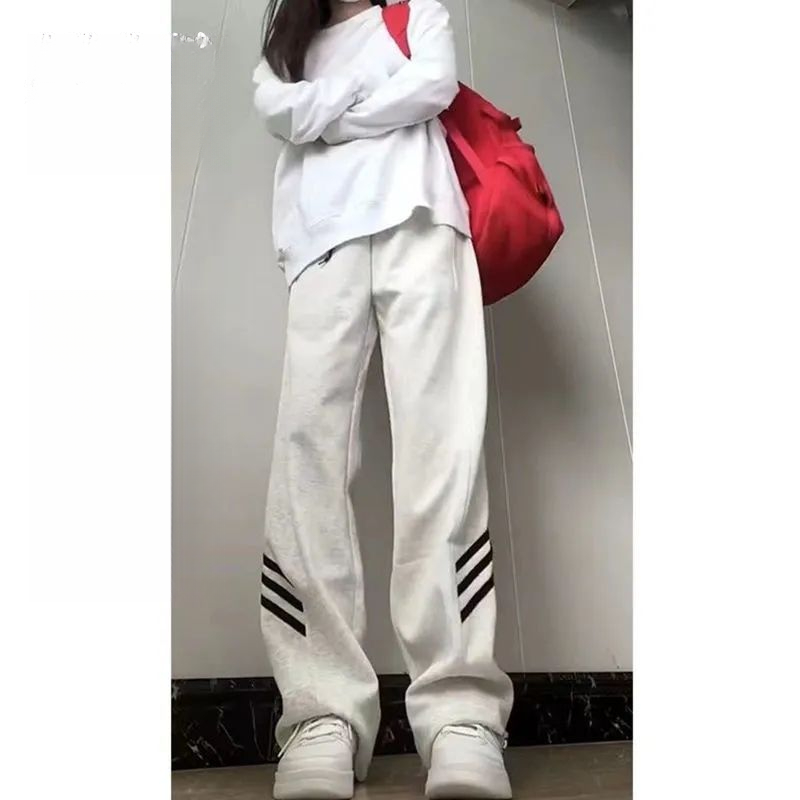 2025年时尚美式白灰运动裤女春秋高腰宽松垂感休闲百搭直筒阔腿裤