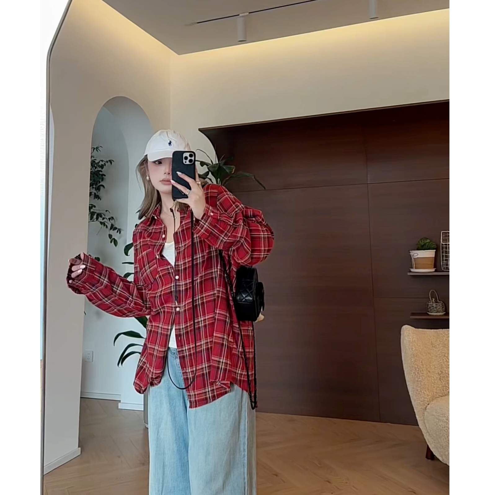 【瘦瘦】大码秋季港风复古全棉显瘦百搭格子开衫长袖衬衫S01865