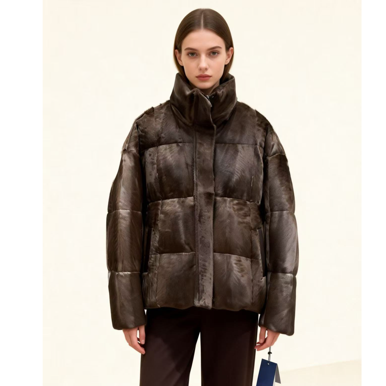 棕色 立领 小羊皮 短款鹅绒服外套  WT1123