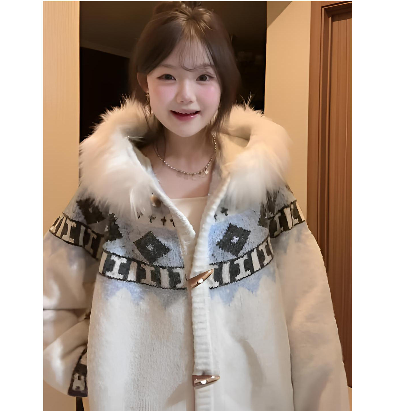 费尔岛牛角扣毛领连帽毛衣外套女秋冬高级感上衣百搭宽松针织开衫