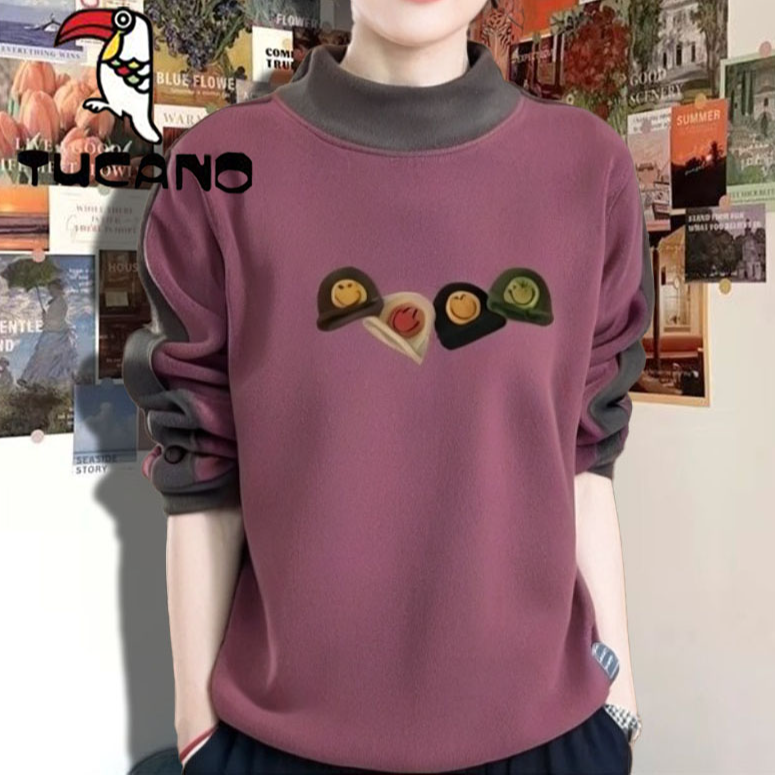 啄木鸟双面德绒秋冬半高领打底衫女新款时尚慵懒显瘦拼接长袖上衣