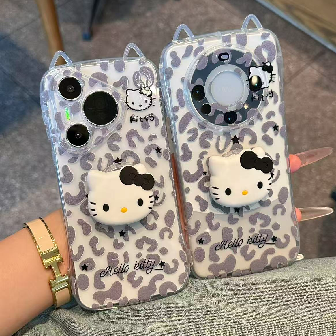 奥菲顿灰色豹纹kitty支架适用苹果16猫耳手机壳小米17vivoppo华为