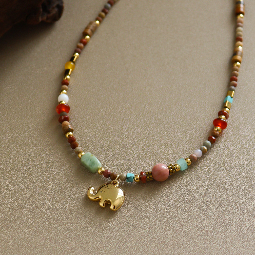 黄铜亚克力项链 清新时尚精致木纹石小象项链配饰女轻奢小众高级