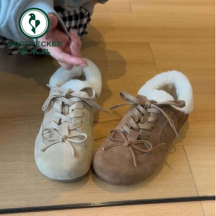 啄木鸟蝴蝶结雪地靴女冬季加绒平底系带棉鞋丑萌复古加厚保暖单鞋