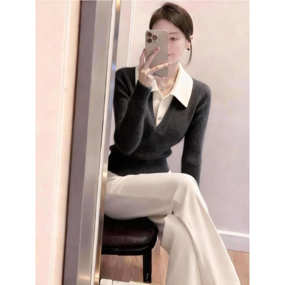 轻熟风韩系翻领针织衫女秋冬新款假两件软糯内搭气质显瘦套头毛衣